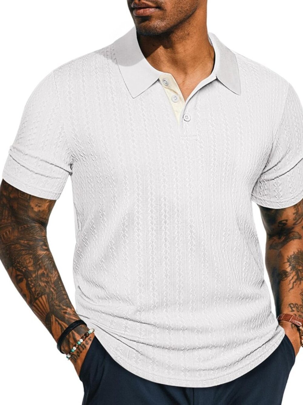 Men's White Textured Short Sleeve Polo Top Casual Vintage Summer Shirt